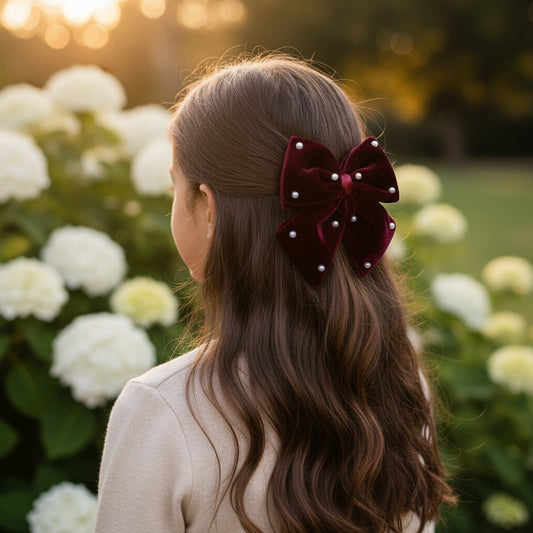 Velvet Party Bow With Pearl Ditailing on Alligator Pin - Magenta