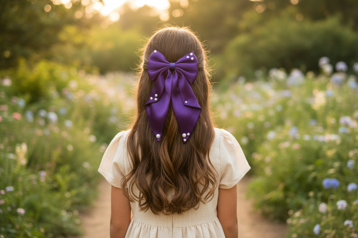 Big fancy satin bow on alligator clip embellished with pearls - Dark Purple