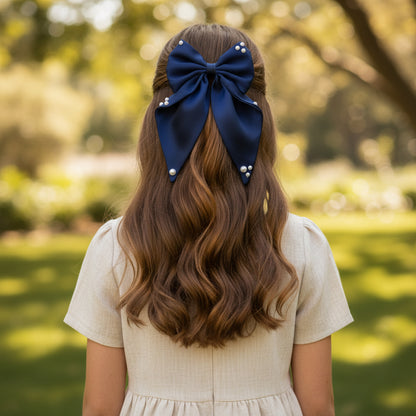 Big fancy satin bow on alligator clip embellished with pearls - Navy Blue