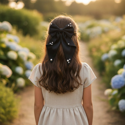 Big fancy satin bow on alligator clip embellished with pearls - Black