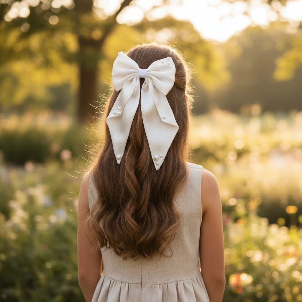 Big fancy satin bow on alligator clip embellished with pearls - White