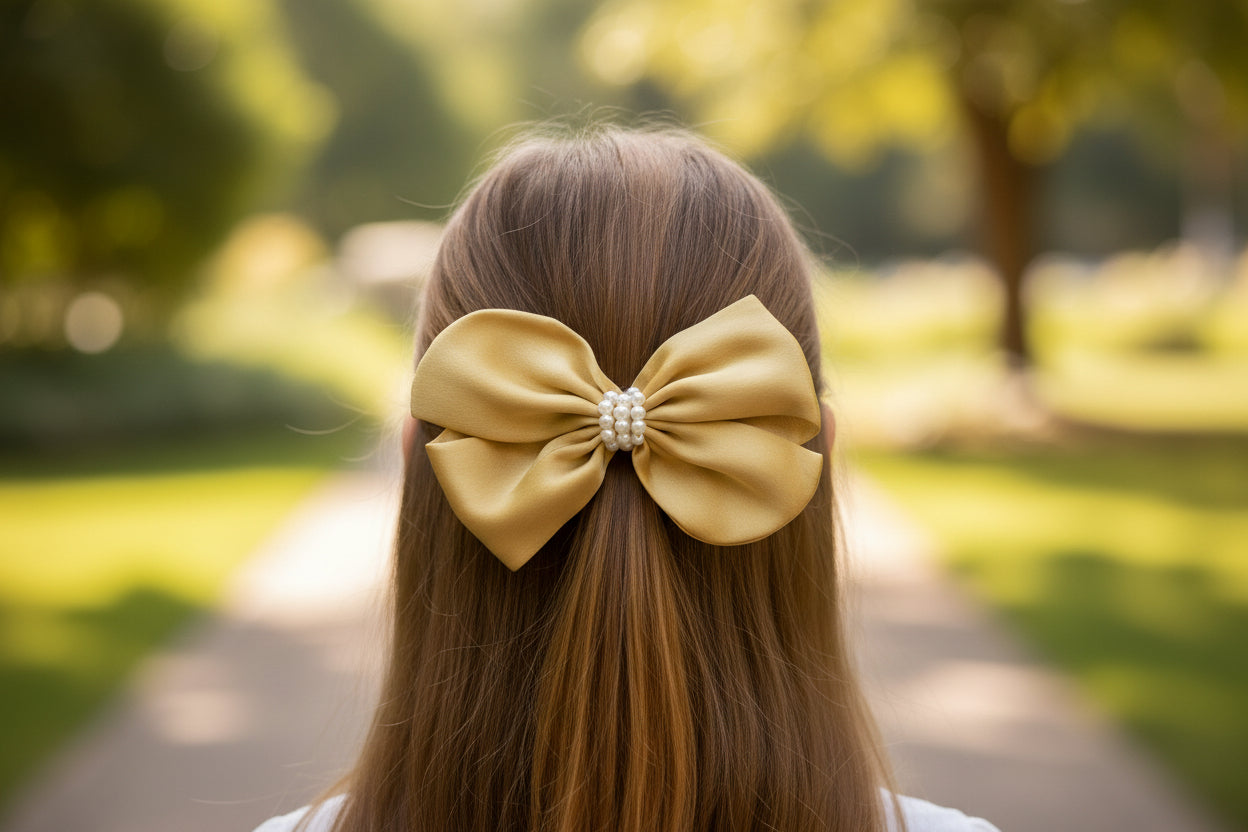 Pearl Detailed Cute Satin Bow on Alligator clip - Ivory