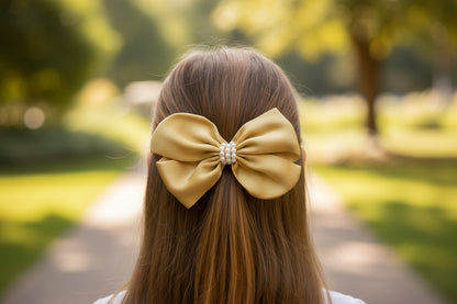 Pearl Detailed Cute Satin Bow on Alligator clip - Ivory
