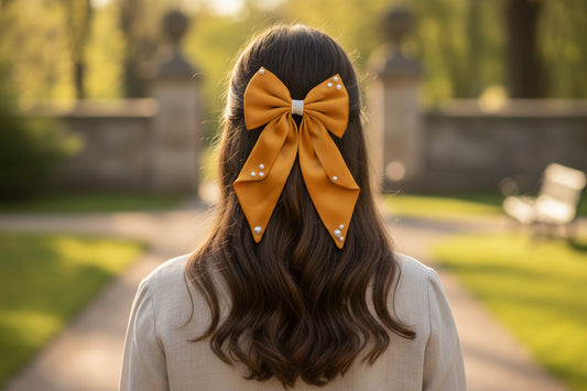 Big fancy satin bow on alligator clip embellished with pearls - Mustard Yellow
