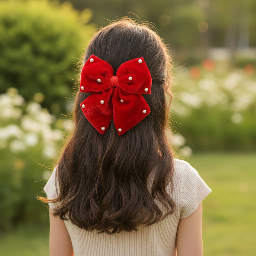 Velvet Party Bow With Pearl Detailing on Alligator Pin - Red