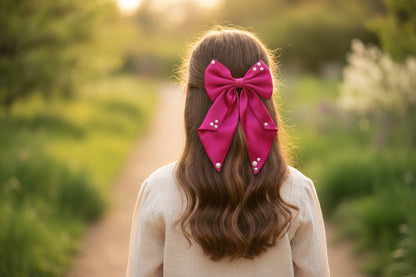Big fancy satin bow on alligator clip embellished with pearls - Dark Pink