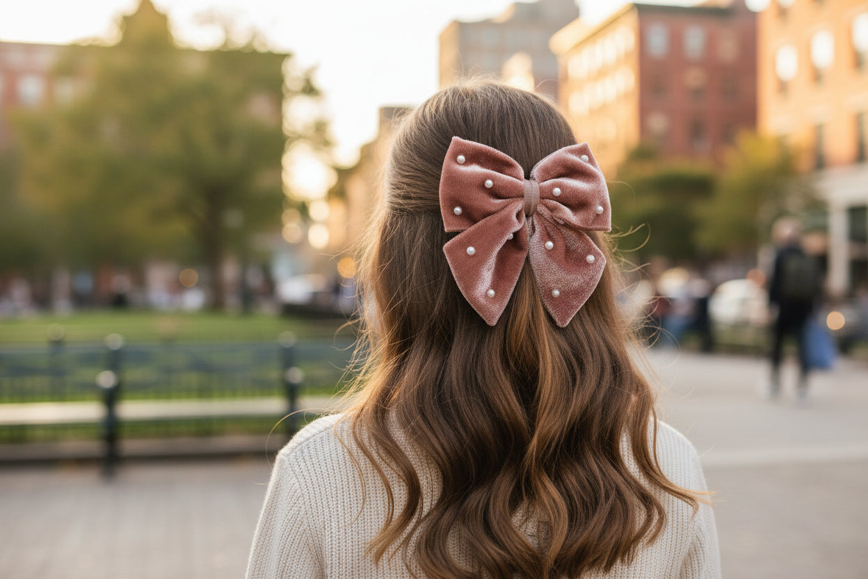 Velvet Party Bow With Pearl Ditailing on Alligator Pin - Dusty Pink