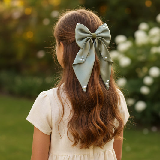 Big fancy satin bow on alligator clip embellished with pearls - Olive Green