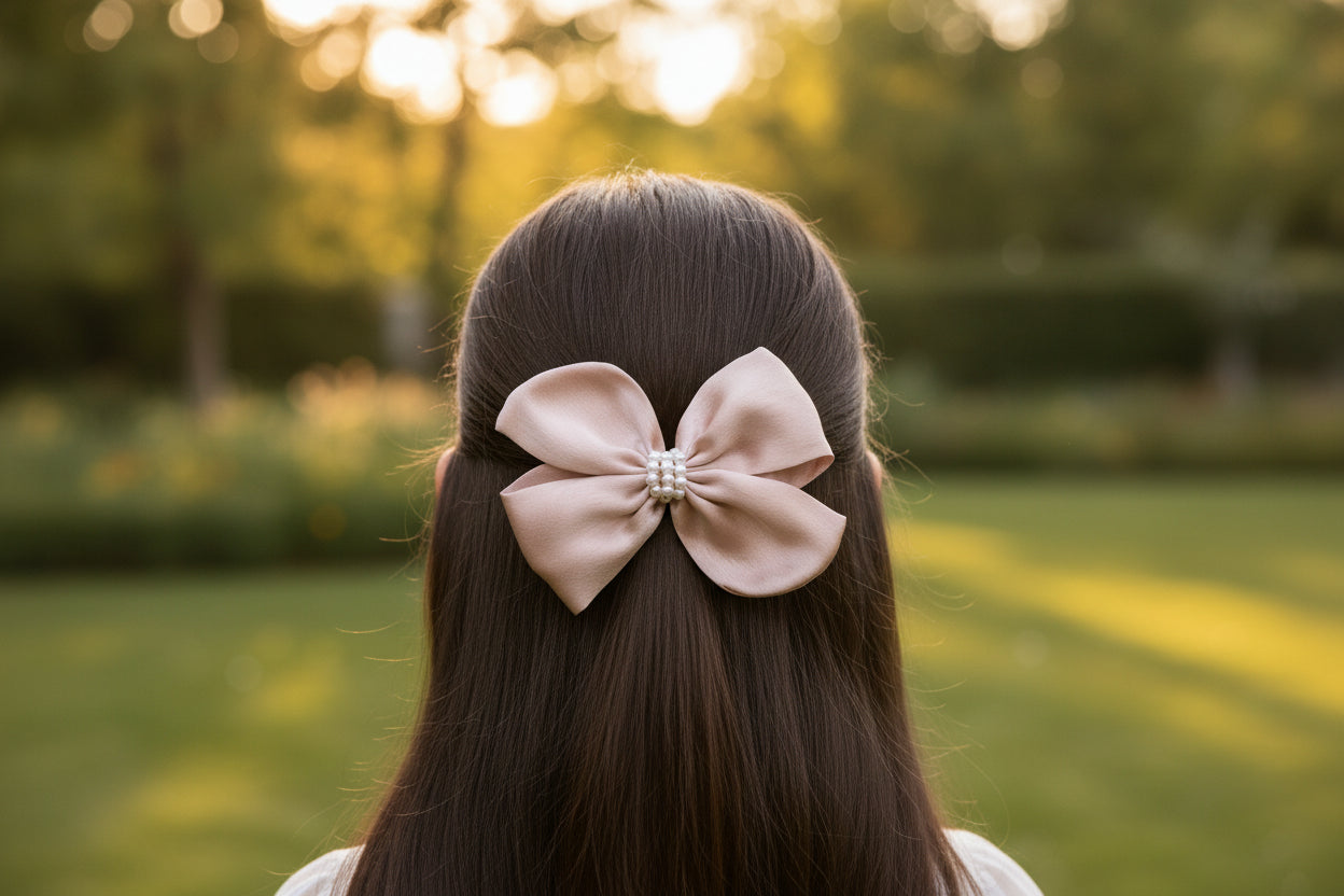 Pearl Detailed Cute Satin Bow on Alligator clip - Dusty Pink