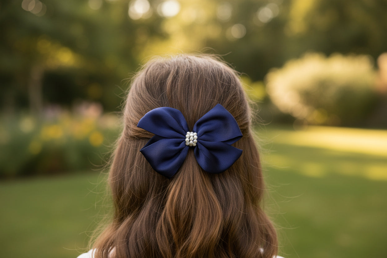 Pearl Detailed Cute Satin Bow on Alligator clip.