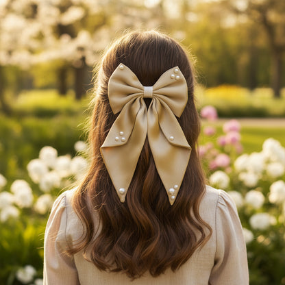 Big fancy satin bow on alligator clip embellished with pearls - Ivory