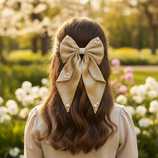 Big fancy satin bow on alligator clip embellished with pearls - Ivory