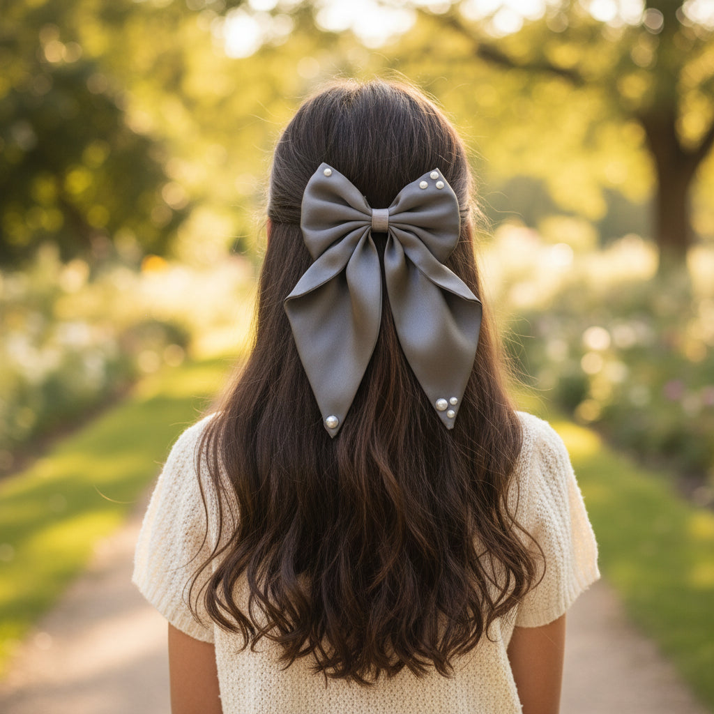 Big fancy satin bow on alligator clip embellished with pearls - Grey