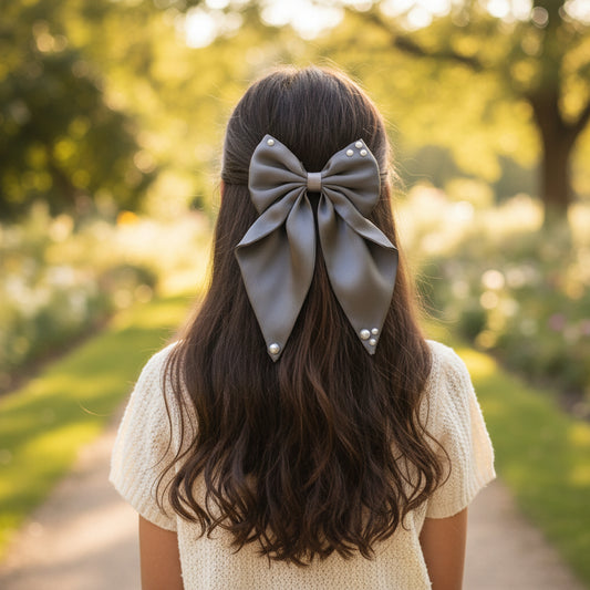 Big fancy satin bow on alligator clip embellished with pearls - Grey