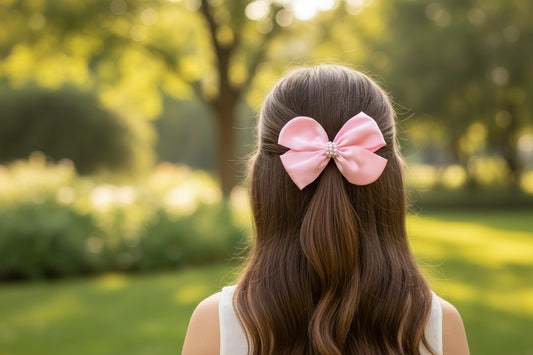 Pearl Detailed Cute Satin Bow on Alligator clip - Light Pink