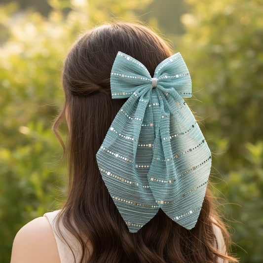 Stripe detailed Georgette Scarf on Alligator Clip - Blue