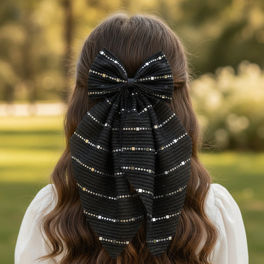 Stripe detailed Georgette Scarf on Alligator Clip - Black