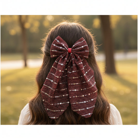 Stripe detailed Georgette Scarf on Alligator Clip - Maroon