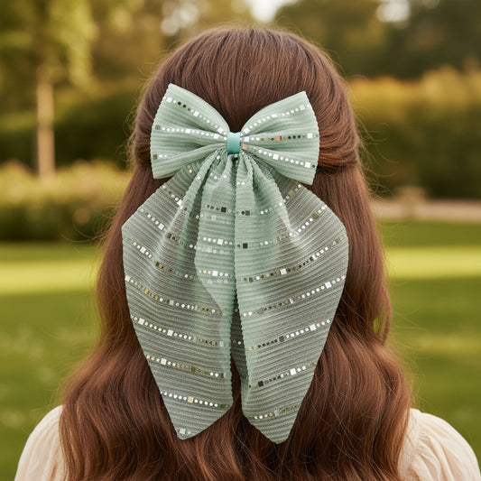 Stripe detailed Georgette Scarf on Alligator Clip - Sea Green