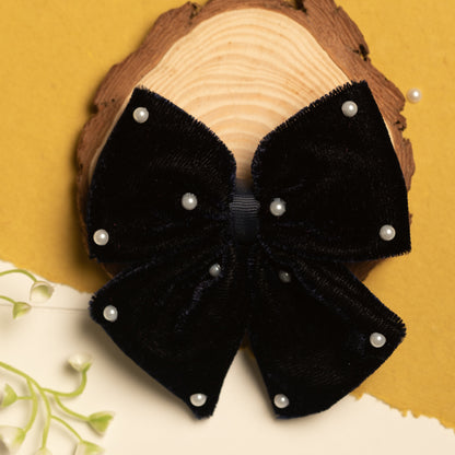 Ribbon Candy - Velvet Party Bow With Pearl Ditailing on Alligator Pin - Navy Blue