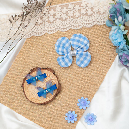 Stylish dimond embellished butterfly on alligator pins along with cute checkered fabric butterfly bow on alligator clip- Blue