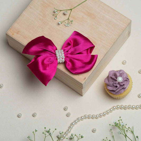 Pearl Detailed Cute Satin Bow on Alligator clip