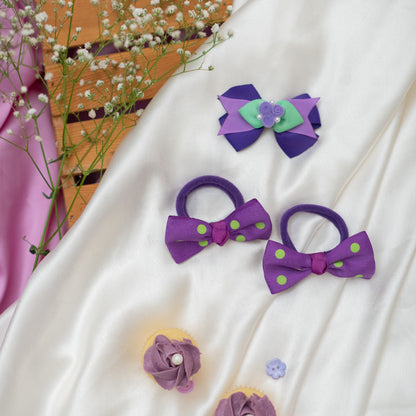 Cute & fancy bow with felt roses and pearls on alligator clip along with pair of pretty polka dotted bow on rubberbands- Purple (Set of 1 pair and 1 single bow - 3 quantity)