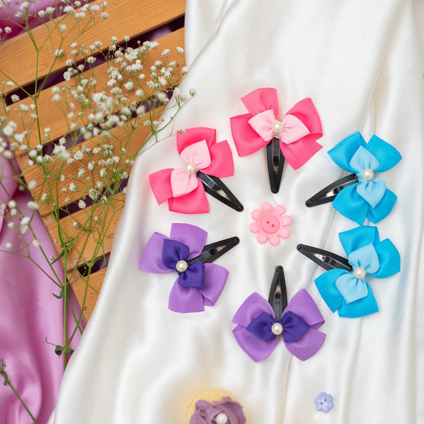 Graceful bow with decorative flower and pearls adorenments on tic- tac pins - Multicolor (Set of 3 pairs - 6 quantity)