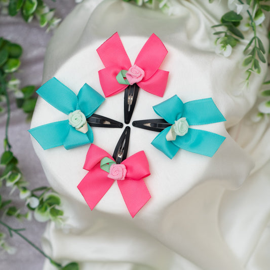 Endering bow with rose adornment on tic tac pins- Pink and Sea Green (Set of 2 pairs- 4 quantity)