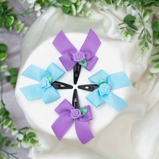 Endering bow with rose adornment on tic -tac pins- Blue and Purple (Set of 2 pairs- 4 quantity)