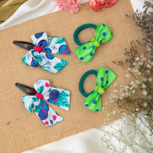 Adorable blueberry printed fabric bow on tic -tac pins along with polka dotted bow on rubberbands- Multicolor (Set of 2 pairs- 4 quantity)