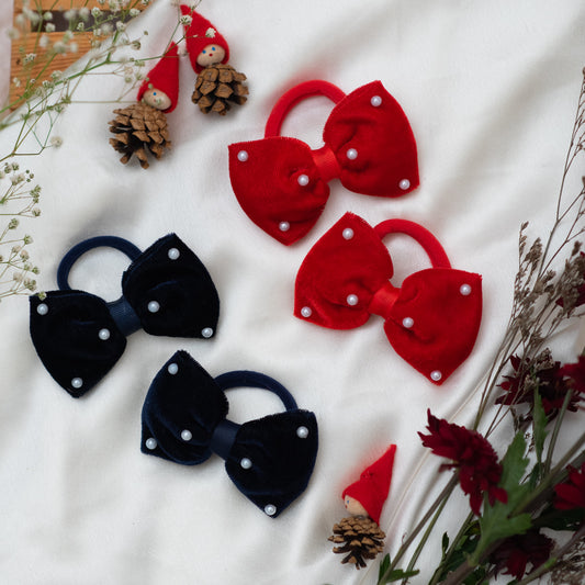 Festive plush velvet bows on rubberbands with pearls embellishment - Navy Blue and Red (Set of 2 pairs - 4 quantity)