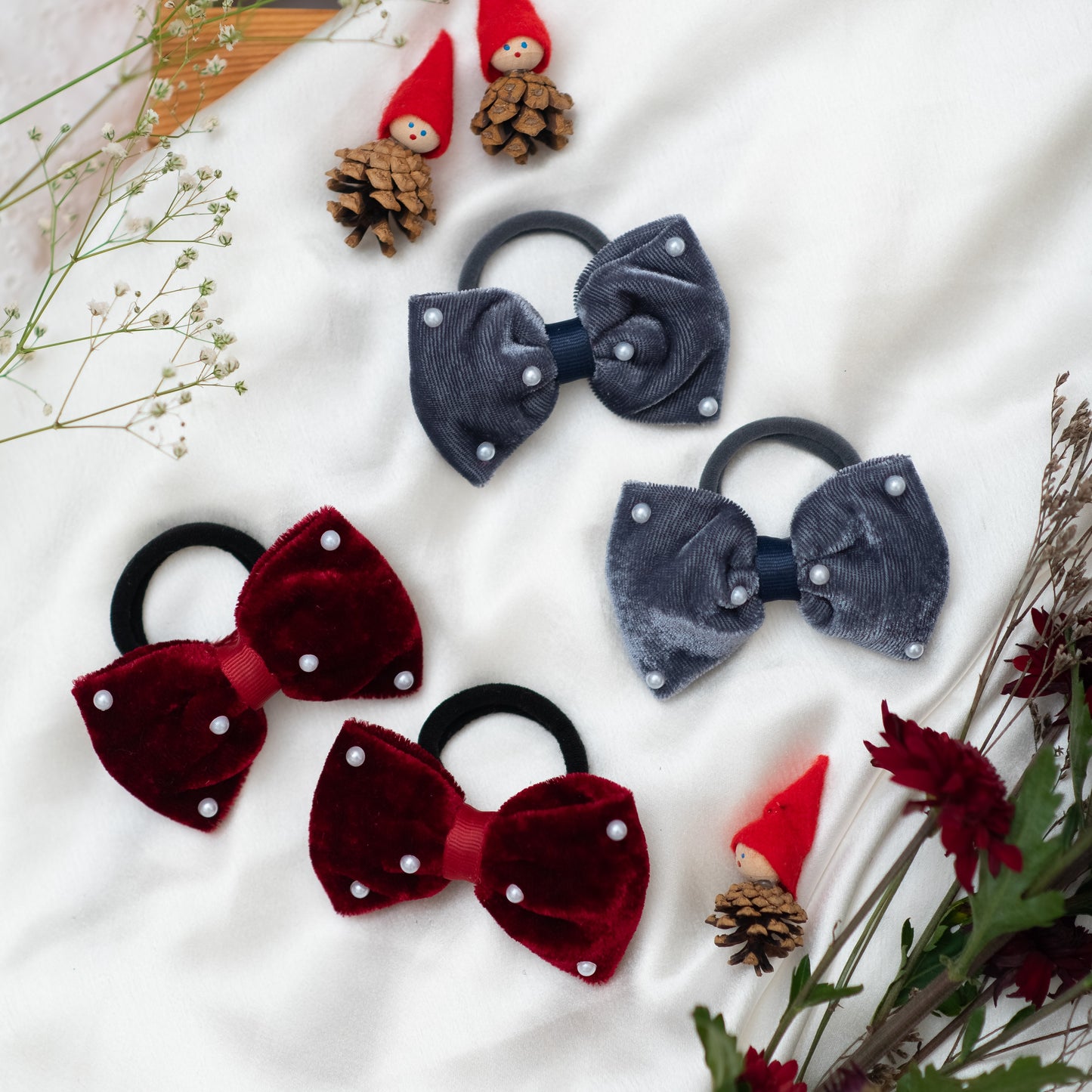 Festive plush velvet bows on rubberbands with pearls embellishment - Gray and Maroon  (Set of 2 pairs - 4 quantity)