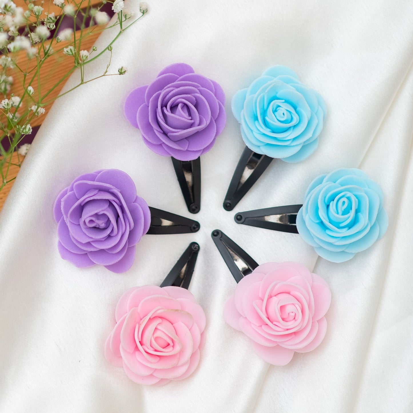 Pretty rose flower embellished on tic -tac pins- Multicolor (Set of 3 pairs - 6 quantity)