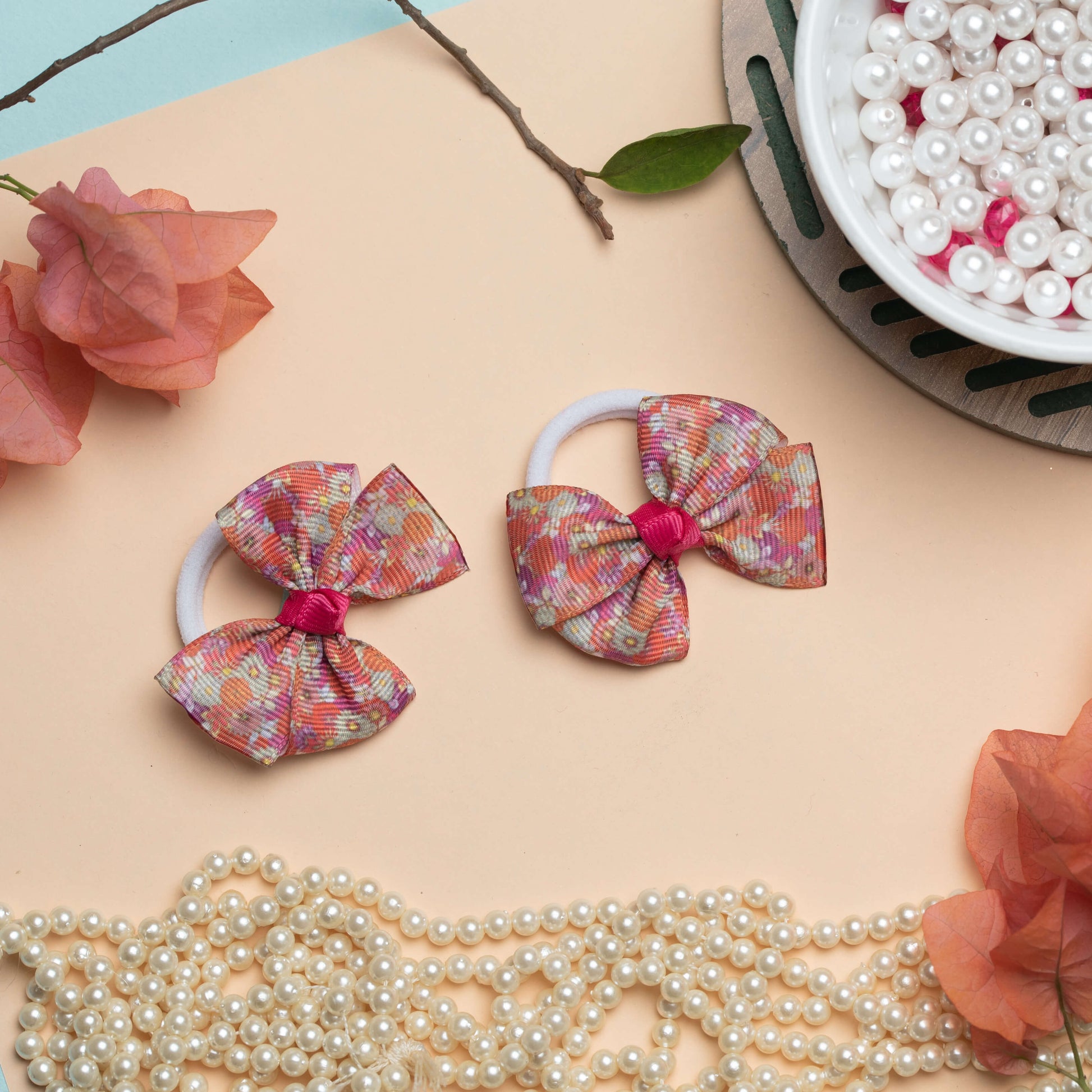 Ribbon Candy - Floral Print Bow on Rubber Band - Pink