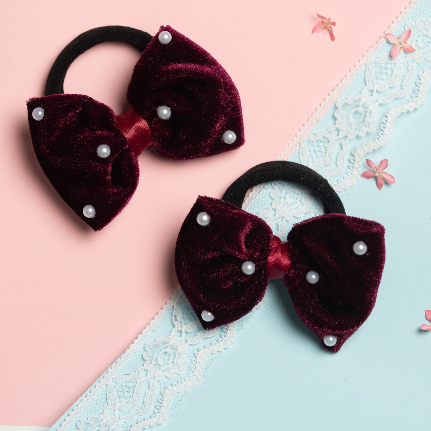 Ribbon Candy - Cute Valvet Bow With Pearl Detailing Rubber Band - Magenta