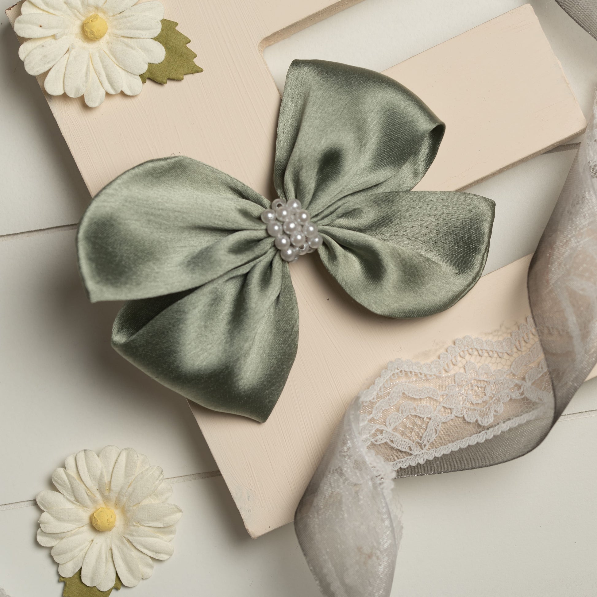 Ribbon Candy - Pearl Detailed Cute Satin Bow on Alligator clip - Olive Green