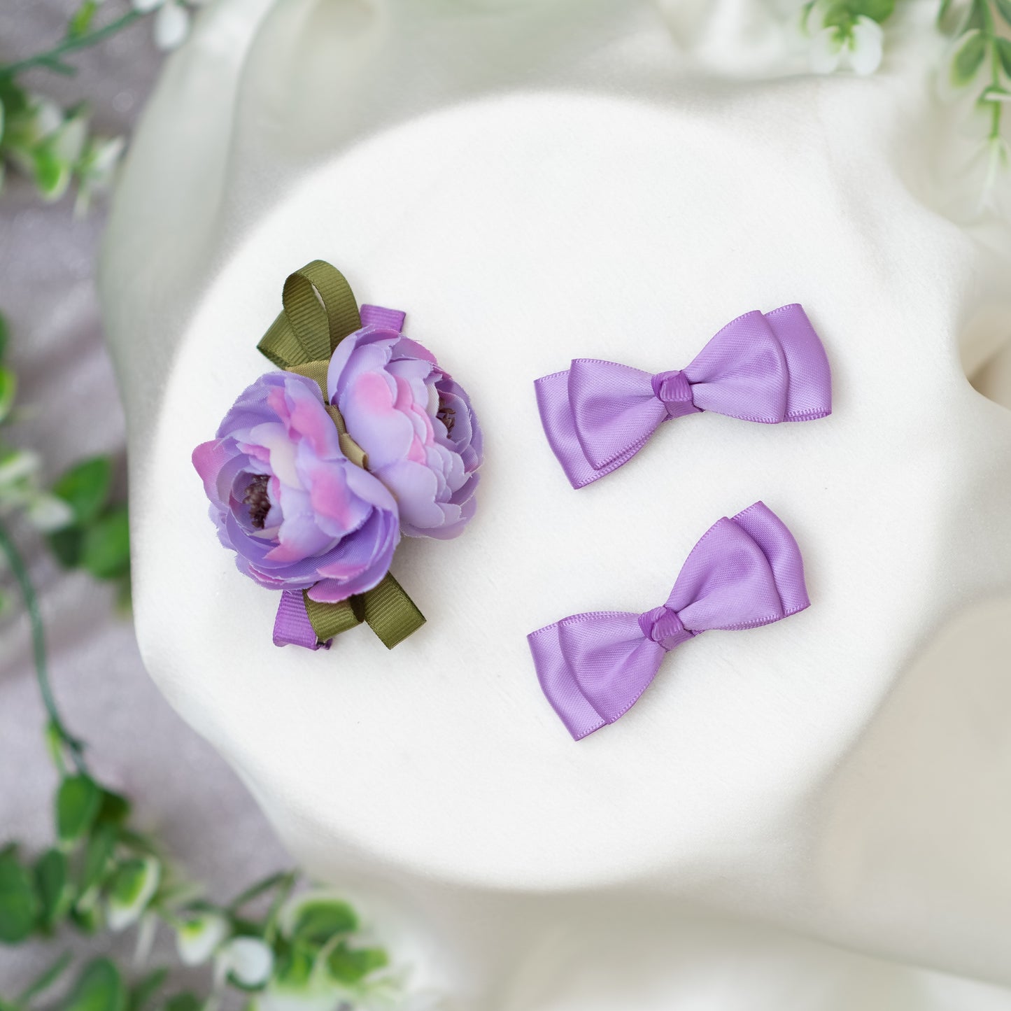 Decorative flower ornamented on alligator clip along with shiny satin double bow alligator clips - Purple (Set of 1 pair and 1 single clip - 3 quantity)