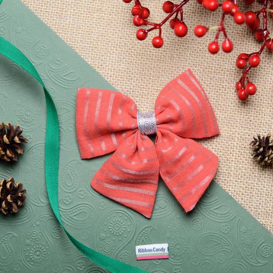 Cute Silver Striped Fabric Bow on Alligator Clip  - Red