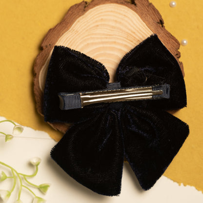 Ribbon Candy - Velvet Party Bow With Pearl Ditailing on Alligator Pin - Navy Blue