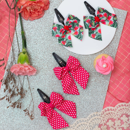Ribbon Candy- Combo: Christmas festive watermelon print tic-tac pins along with polka dot printed fabric bow tic -tac clips- Multicolor (Set of 2 pairs- 4 quantity)