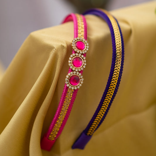 Combo of trendy crystal and lace detailed hairbands-  Pink and Purple (Set of 2 hairbands)