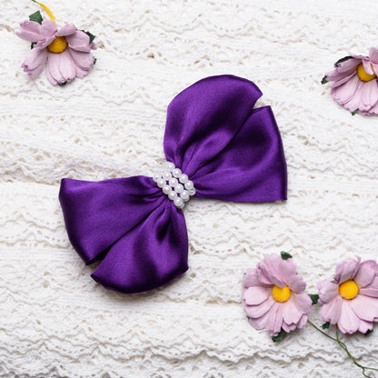 Satin Bow With Pearls Detailing - Purple