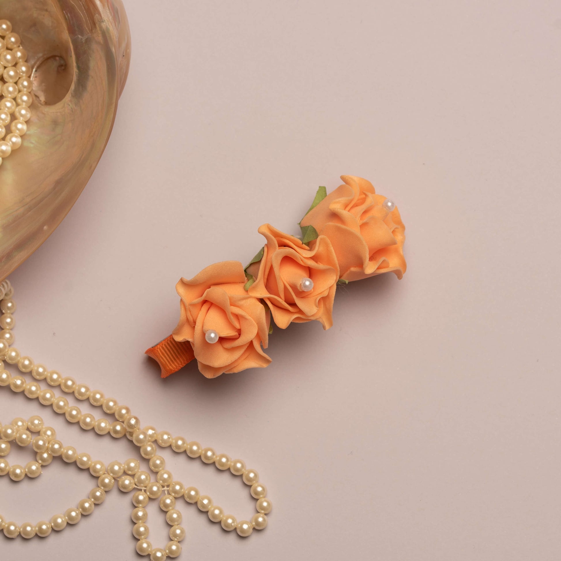 Ribbon Candy - Pearl Embellished Flowers on Alligator Hair Pin - Orange