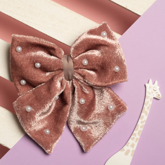 Ribbon Candy - Velvet Party Bow With Pearl Ditailing on Alligator Pin - Dusty Pink