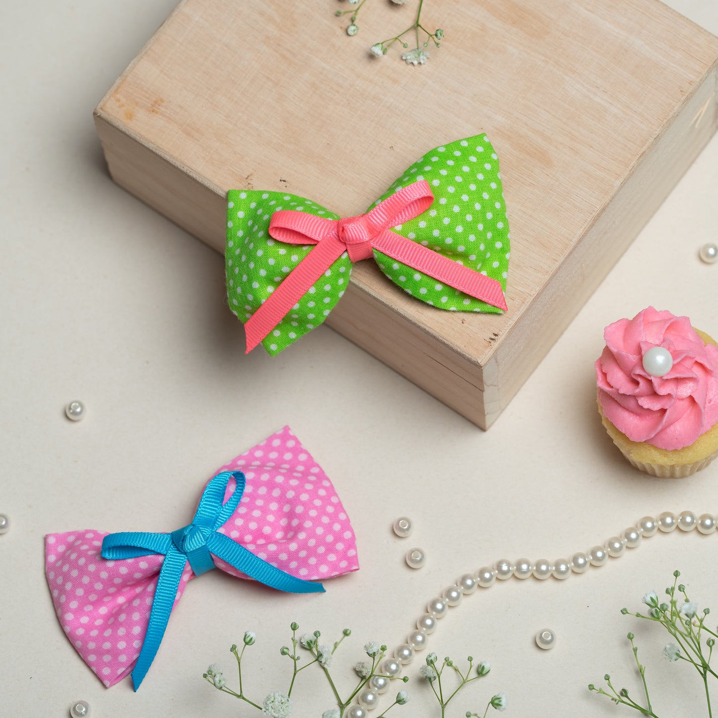 Cute Polka Dot Double Bow Alligator Clips -  Light Pink and Green
