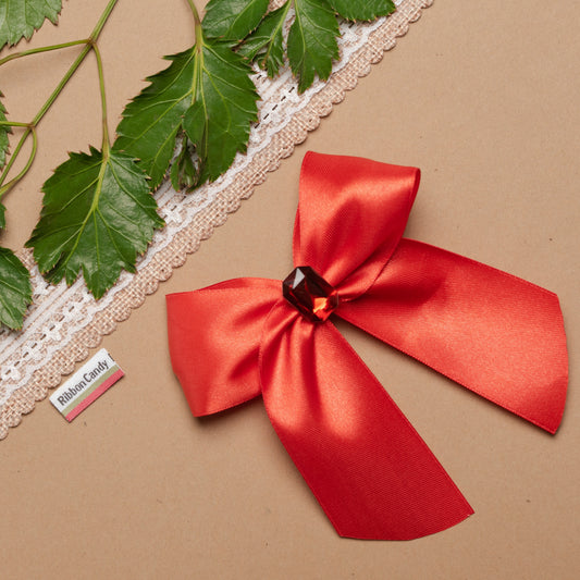 Cute Satin Bow (Large) with crystal on Alligator Pin - Red
