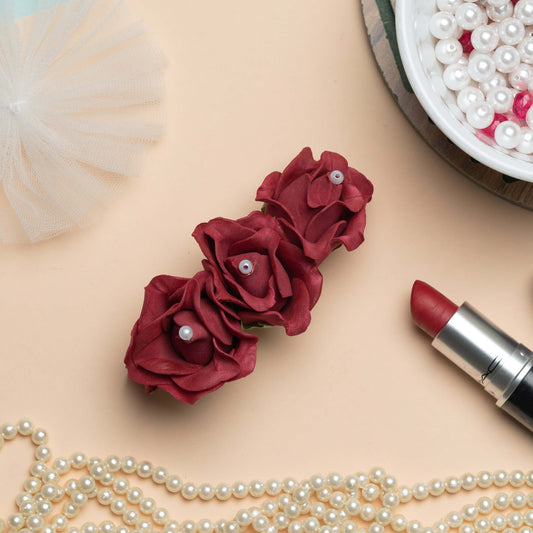 Ribbon Candy - Pearl Embellished Flowers on Alligator Hair Pin - Maroon