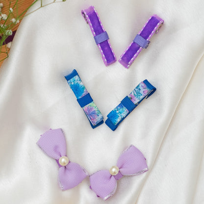 Graceful velvet loopy bow on alligator clips, printed loopy bow on alligator pins along with pearls detailed cute  bow alligator clip- Purple and Blue (Set of 3 pairs - 6 quantity)