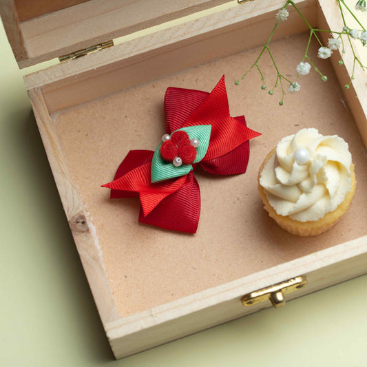 Dual bow with felt roses and pearls on Alligator pin